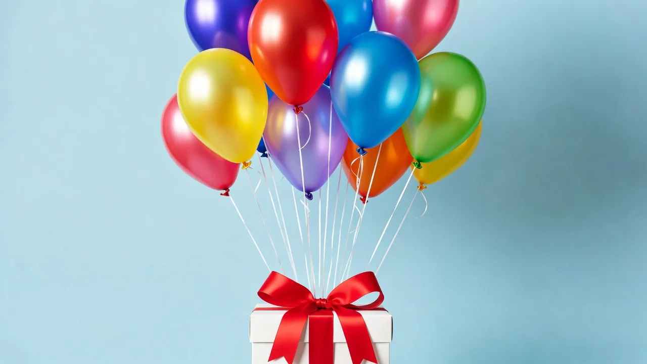 A bunch of colourful balloons tied to a white gift box with a red ribbon