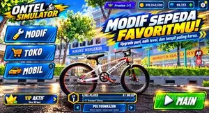Onthel Simulator Indonesia garage menu with modify, shop and car options beside a BMX bike
